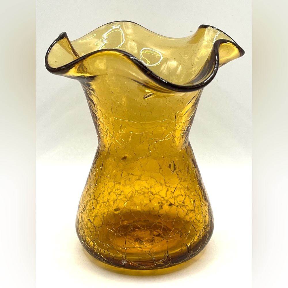 Vintage Hand Blown Amber Crackle Glass Ruffled Edges Fluted Rim Vase 4.8 in